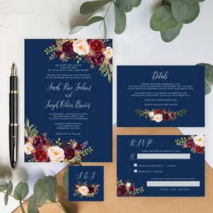 Navy Burgundy Wedding Invitation Template, Blue Wedding Invitation Suite, Burgundy Wedding Invitation Set, Templett, #A105