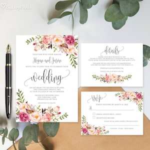 Blush Pink Wedding Invitation Template, Floral Wedding Invitation Suite, Boho Chic Wedding Set, Templett, #A049