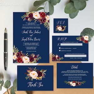 Navy Wedding Invitation Template, Blue Wedding Invitation Suite, Burgundy Wedding Invitation Set, Templett, #A105