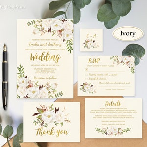Ivory Wedding Invitation Template, Boho Chic Wedding Invite Suite, Gold Foil Wedding Invitation, Templett, #A055