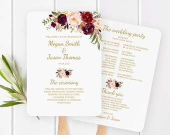 Wedding Fan Program, Wedding Fans Template, Burgundy Wedding Ceremony Program Printable, Burgundy Wedding Program, Templett, #A025
