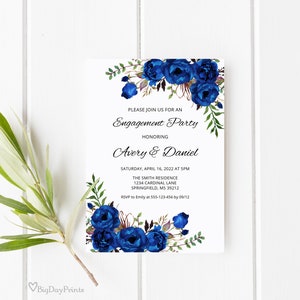 Royal Blue Engagement Invitation, Boho Chic Engagement Invite, Blue Watercolor Invite, Instant Download, Templett, A016