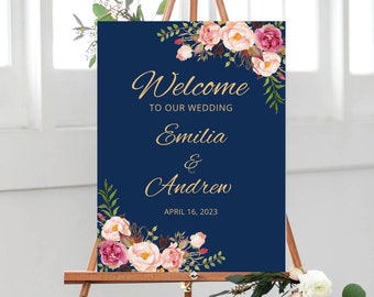 Navy Pink Wedding Welcome Sign Template, Blue Wedding Welcome Sign, Templett, #A011