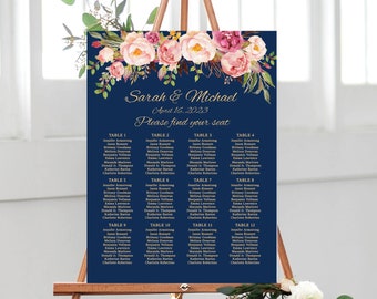 Navy Wedding Seating Chart Template, Boho Chic Floral Wedding Table Plan, Blue Wedding Seating Chart, Templett, #A011