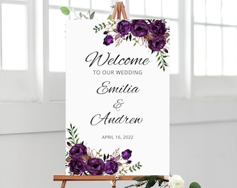 Eggplant Wedding Welcome Sign Template, Purple Wedding Reception Sign, Printable Wedding Sign, Templett, #A039