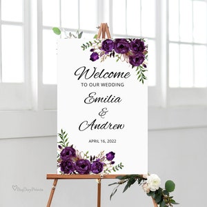 Aubergine Hochzeit Willkommensschild Hochzeit, Lila Hochzeit Empfang Zeichen, Printable Hochzeitsschild, Templett, #A039