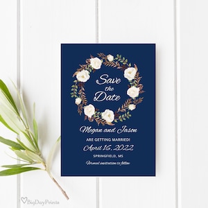 Save the Date Template, Navy Floral Wedding Save the Date, Save the Date Printable, Templett, #A051