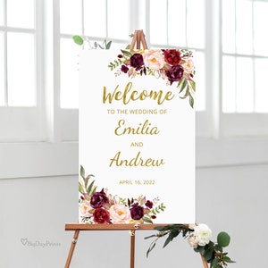 Burgundy Wedding Welcome Sign, Marsala Wedding Welcome Sign Template, Burgundy and Blush Wedding, Templett, #A025