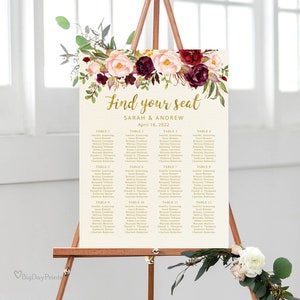 Ivory Burgundy Wedding Seating Chart Template, Boho Chic Wedding Table Plan, Marsala Wedding Seating Chart, Templett, #A062