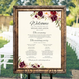 Ivory Burgundy Wedding Program Sign Template, Marsala Program Sign, Ceremony Program Sign, Welcome Wedding Sign, Templett, A107