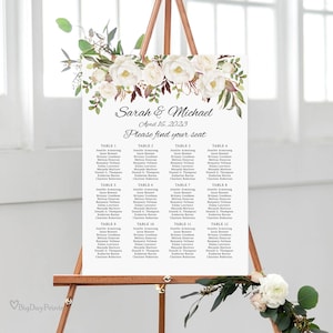 Floral Wedding Seating Chart Template, Boho Chic Wedding Seating Plan,  Seating Board, Table Plan,  White Flowers, Templett, #A053