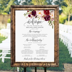Burgundy Wedding Program Sign, Ceremony Program Sign, Marsala Wedding Welcome Sign, Templett, A047 image 1