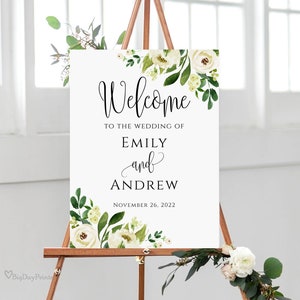 Wedding Welcome Sign, Floral Wedding Welcome Sign Template, Greenery Wedding, White Flowers, Templett, #A095
