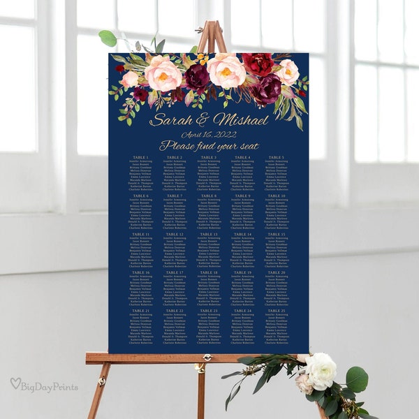 Navy Wedding Seating Chart Template, Boho Chic Floral Wedding Table Plan, Seating Board, Table Plan, Burgundy, Marsala, Templett, #A033