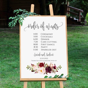 Burgundy Wedding Order of Events Sign Template, Timeline Sign, Wedding Day Sign, Order of Service, Schedule Sign, Templett, A047