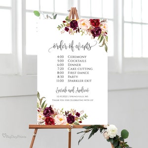 Wedding Order of Events Sign Template, Timeline Sign, Burgundy Wedding Day Sign, Order of Service, Schedule Sign, Templett, A047