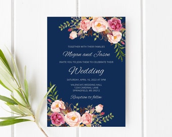 Marineblaue Hochzeitseinladung, Silber Blaue Hochzeitseinladung, Blumenhochzeitseinladung, Templett, #A012