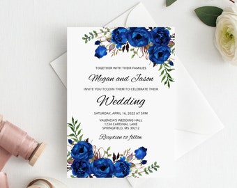 Blue Wedding Invitation Template, Boho Chic Wedding Invitation, Royal Blue Invitation, Templett, A016