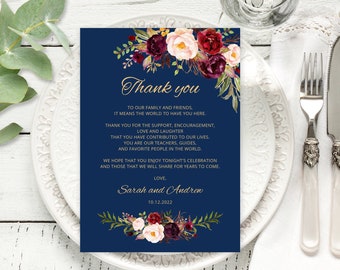 Marque-place de remerciement pour mariage bleu marine, table de mariage floral Merci, couvert Merci, Templett, # A033