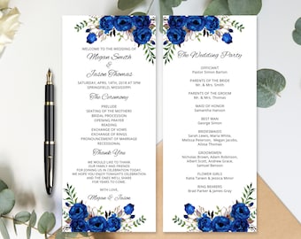 Royal Blue Wedding Program Template, Royal Blue Ceremony Program Printable, Floral Boho Chic Wedding Program,  Templett, #A016