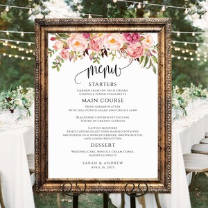 Blush Wedding Menu Sign, Floral Wedding Menu Poster, Wedding Menu Board, Instant Download, Templett, #A049 image 1