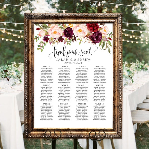 Burgundy Wedding Seating Chart Template, Boho Chic Floral Wedding Table Plan, Seating Board, Seating Plan, Templett, A047
