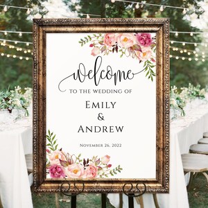 Signo de bienvenida de boda rosa rubor, signo de ceremonia de boda floral, plantilla de signo de bienvenida de boda, Templett, #A049