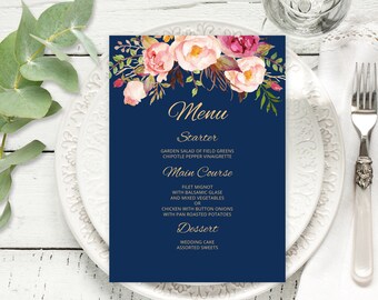Blue Wedding Menu Template, Navy Floral Wedding Menu Card, Wedding Menu Template, Boho Chic Wedding, Templett, #A011
