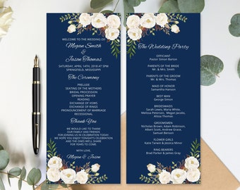 Navy Wedding Program Template, Navy Ceremony Program Printable, Blue Wedding Program Printable, Navy and White, Templett, #A051