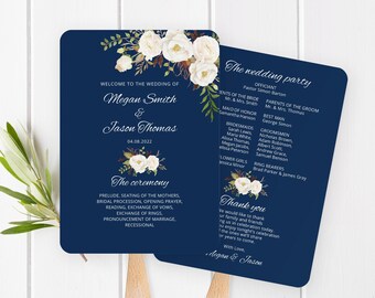 Fan Wedding Program, Navy Wedding Fans Template, Ceremony Program Printable, Navy Wedding Program Template, Templett, #A051