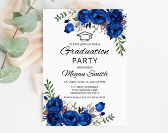 Royal Blue Graduation Invitation, Royal Blue Invitation, Royal Blue Graduation Party Invitation, Instant Download, Templett, A016