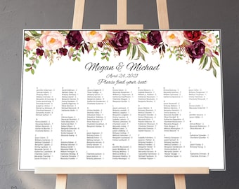 Wedding Seating Chart Template, By Alphabet, Boho Chic Wedding Seating Plan, Burgundy and Blush Wedding, Alphabetical, Templett, A023