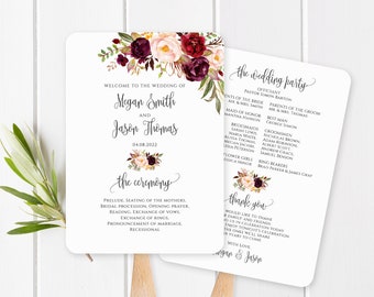 Wedding Program Fan Template, Wedding Fans, Wedding Ceremony Program Printable, Burgundy Wedding Program, Marsala, Templett, #A047