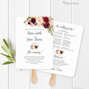 Hochzeitsprogramm Fächer, Hochzeitsfächer, Hochzeitszeremonie zum Ausdrucken, Hochzeitsprogramm Burgund, Marsala, Templett, #A047