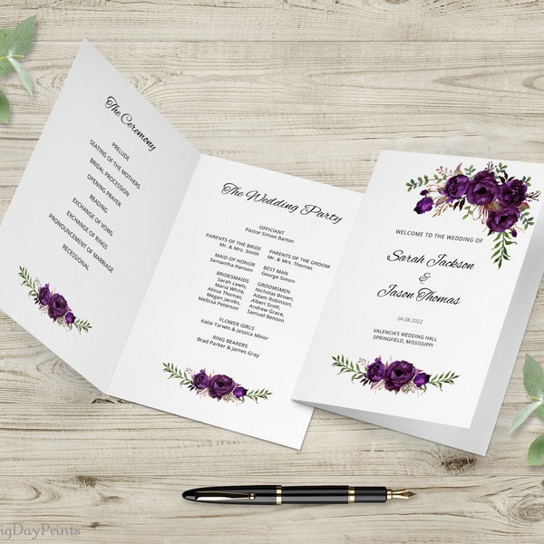 Eggplant Wedding Program Template, Purple Wedding Ceremony Program Printable, Folded Wedding Program, Purple Flowers, Templett, #A039