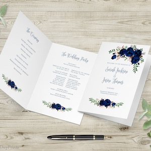 Marine-Hochzeitsprogramm Vorlage, faltbares Zeremonieprogramm zum Ausdrucken, gefaltetes Hochzeitsprogramm zum Ausdrucken, Marineblumen, Templett, #A089
