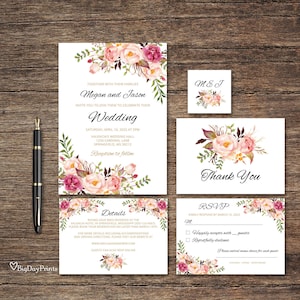 Plantilla de invitación de boda floral, suite de invitación de boda Boho Chic, conjunto de bodas, invitación de boda rosa rubor, Templett, #A008