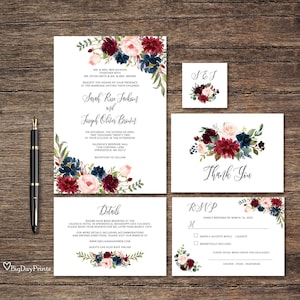 Navy and Burgundy Wedding Invitation, Floral Wedding Invitation Suite, Boho Chic Wedding Template, Burgundy Blush Navy, Templett, #A120