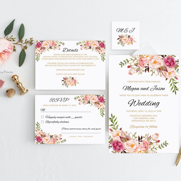 Floral Wedding Invitation Template, Boho Chic Wedding Invitation Suite, Wedding Set, Templett, #A008