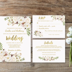 Floral Wedding Invitation Template, White Wedding Invitation Suite, Gold Foil Invite, White Flowers Invite, Templett, #A056