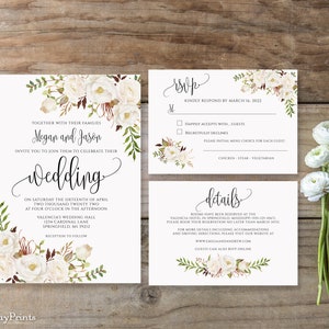 Floral Wedding Invitation, White Wedding Invitation Suite, Boho Chic Wedding Set, White Flowers, Templett, #A074