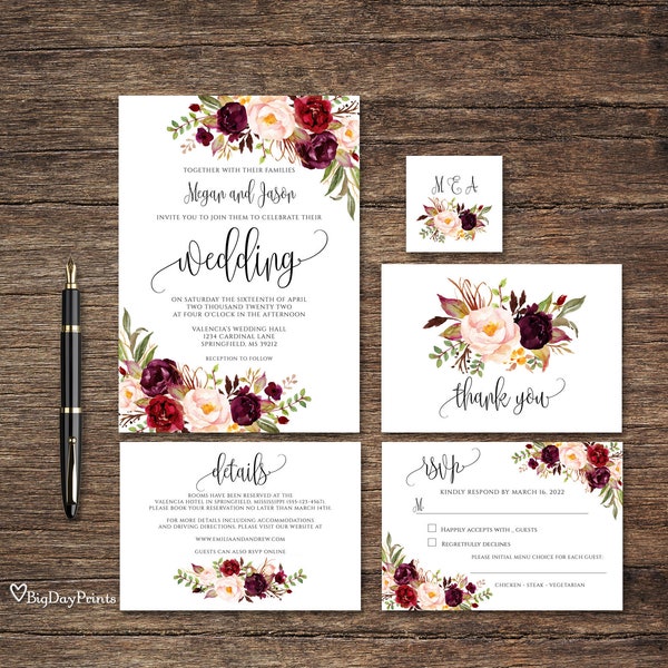 Burgundy Wedding Invitation Template, Floral Wedding Invitation Suite, Boho Chic Wedding Set, Marsala Wedding Invitation, Templett, #A047