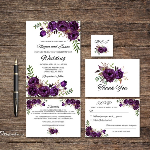 Eggplant Wedding Invitation Template, Boho Chic Wedding Invitation Suite, Floral Wedding Invitation, Dark Purple Flowers, Templett, #A039