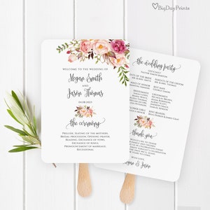 Fan Wedding Program, Blush Wedding Fans Template, Floral Wedding Ceremony Program Printable, Templett, #A049