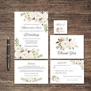 Floral Wedding Invitation Template, White Wedding Invitation Suite, Boho Chic Wedding Set, White Flowers, Templett, #A074