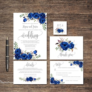 Royal Blue Wedding Invitation Template, Boho Chic Wedding Invitation, Blue Flowers, Floral Wedding Invitation, Templett, #A043