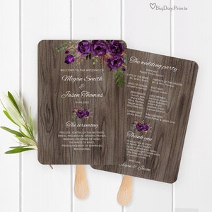 Fan Wedding Program, Eggplant Wedding Fans Template, Ceremony Program Printable, Purple Wedding Program Template, Templett, #A044