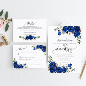 Blue Wedding Invitation Template, Floral Boho Wedding Invitation, Royal Blue Wedding Decor, Floral Wedding Invitation, Templett, #A043