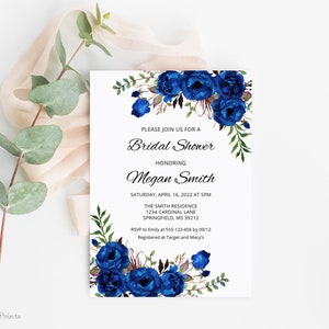 Royal Blue Bridal Shower Invitation, Boho Chic Bridal Shower Invite, Watercolor Bridal Shower Invite, Instant Download, Templett, A016