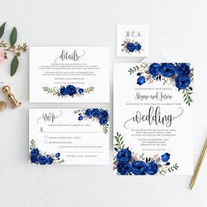 Blue Wedding Invitation Template, Boho Chic Wedding Invitation, Royal Blue Wedding Decor, Floral Wedding Invitation, Templett, #A043